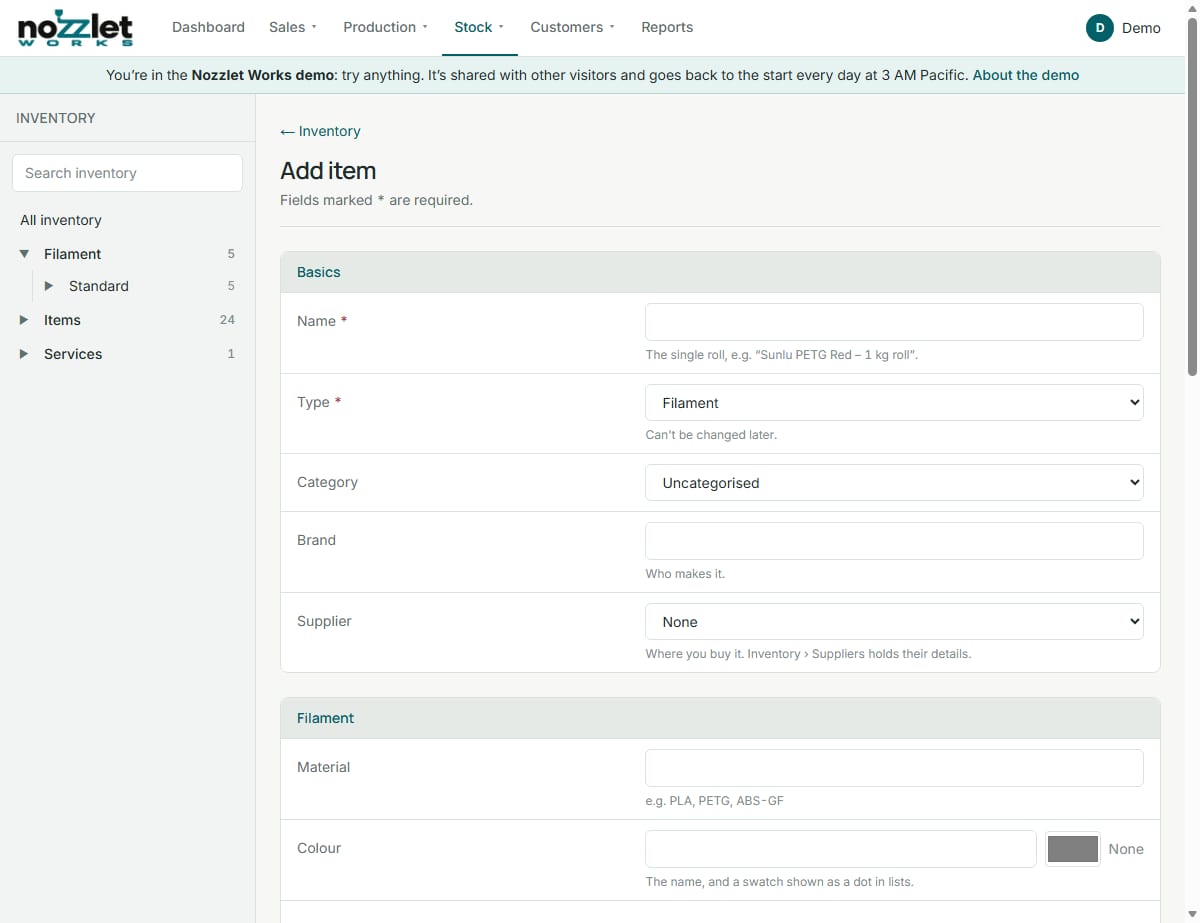 The Add item form for a filament