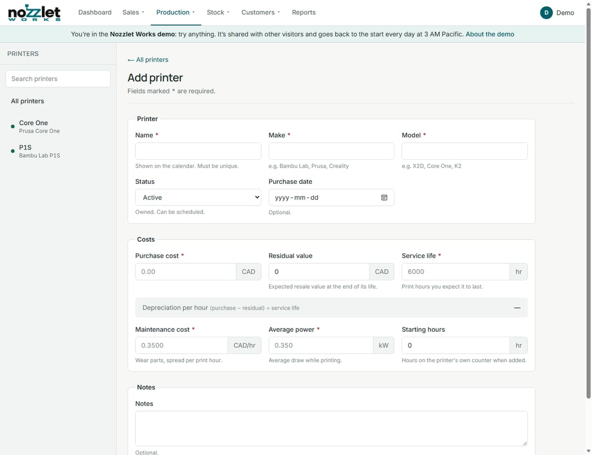 The Add printer form, with the printer's details and costs
