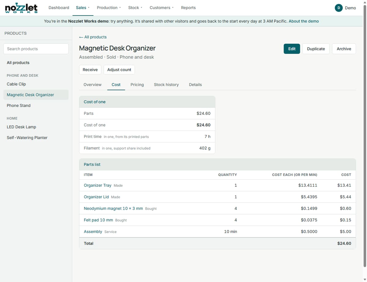 An assembled product's Cost tab: printed parts, bought parts and assembly time
