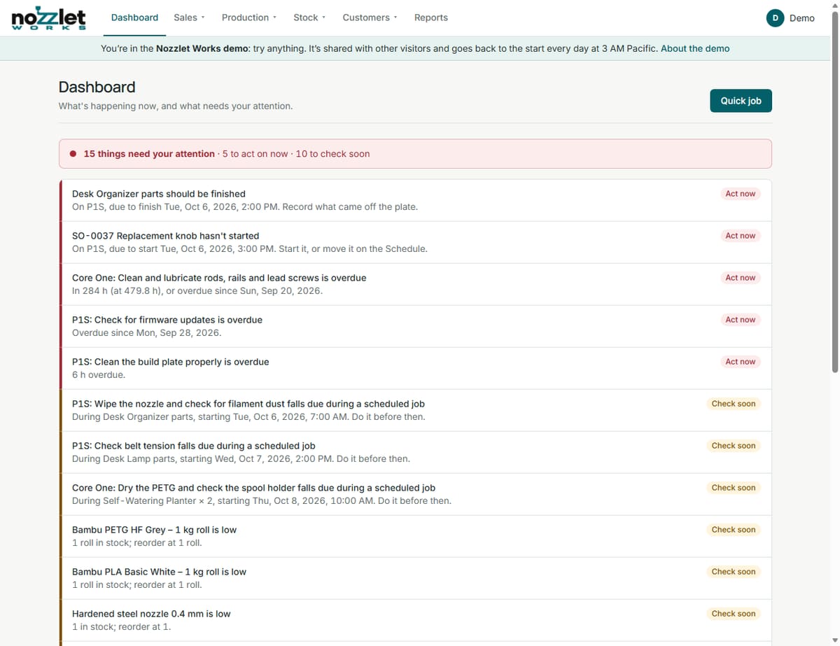 The Dashboard: what needs attention, printing now, next on each printer, and coming up