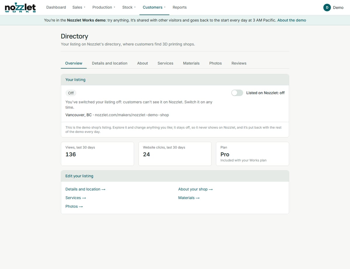 Your directory listing in Works: listed on or off, views and clicks, plan, and the parts to edit