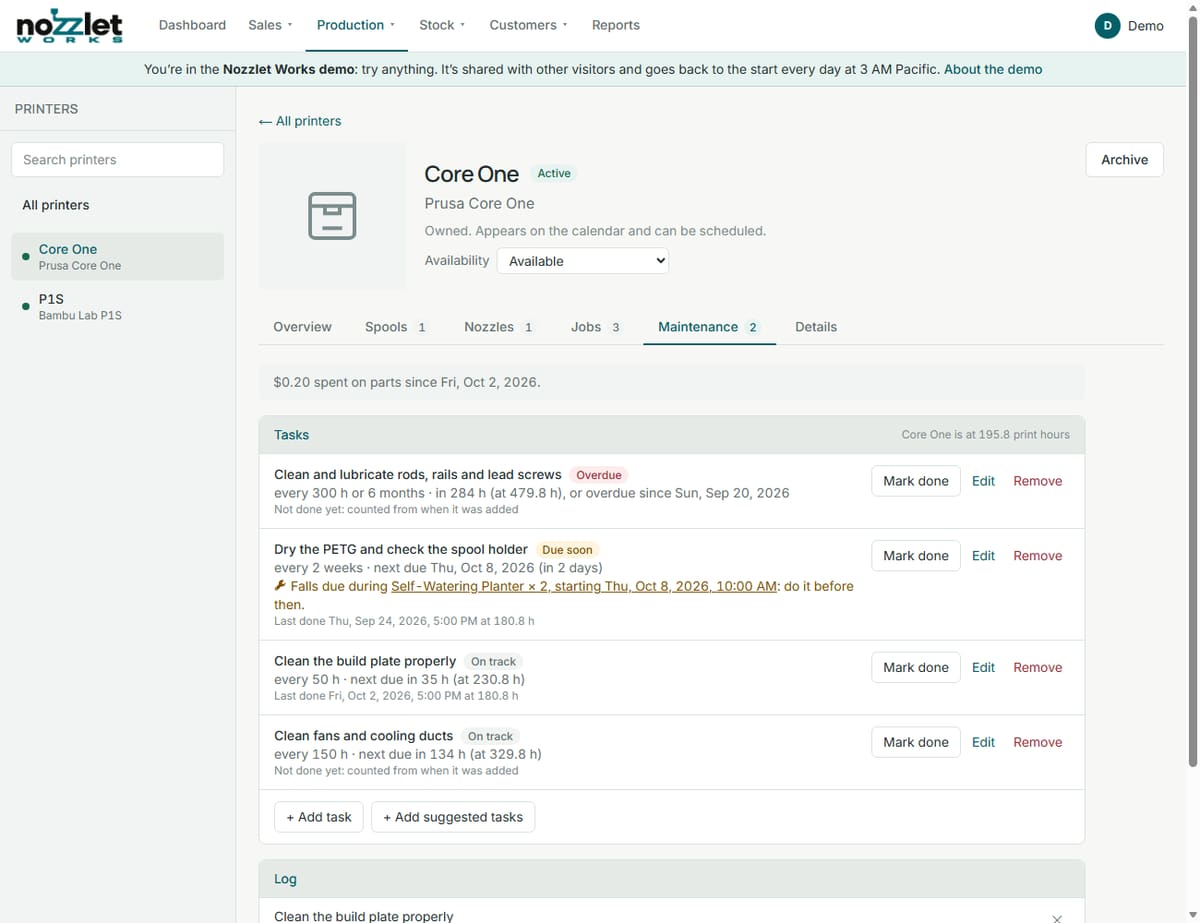 A printer's Maintenance tab: tasks overdue, due soon and on track, and the log