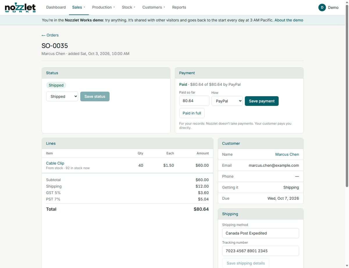 An order: status, payment, lines and totals, the customer, shipping details, profit, and its receipt