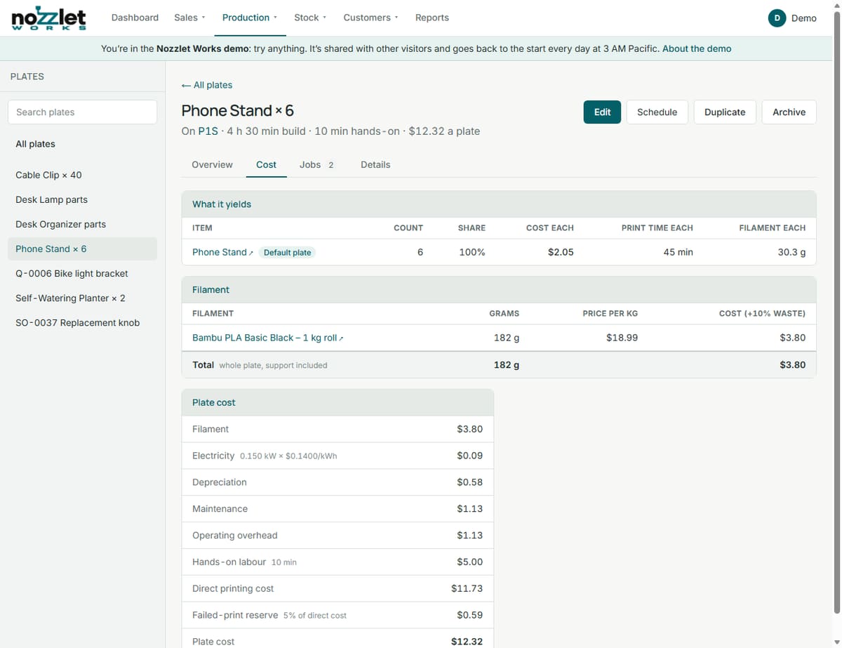 A plate's Cost tab: what it yields, the filament, and the plate cost line by line