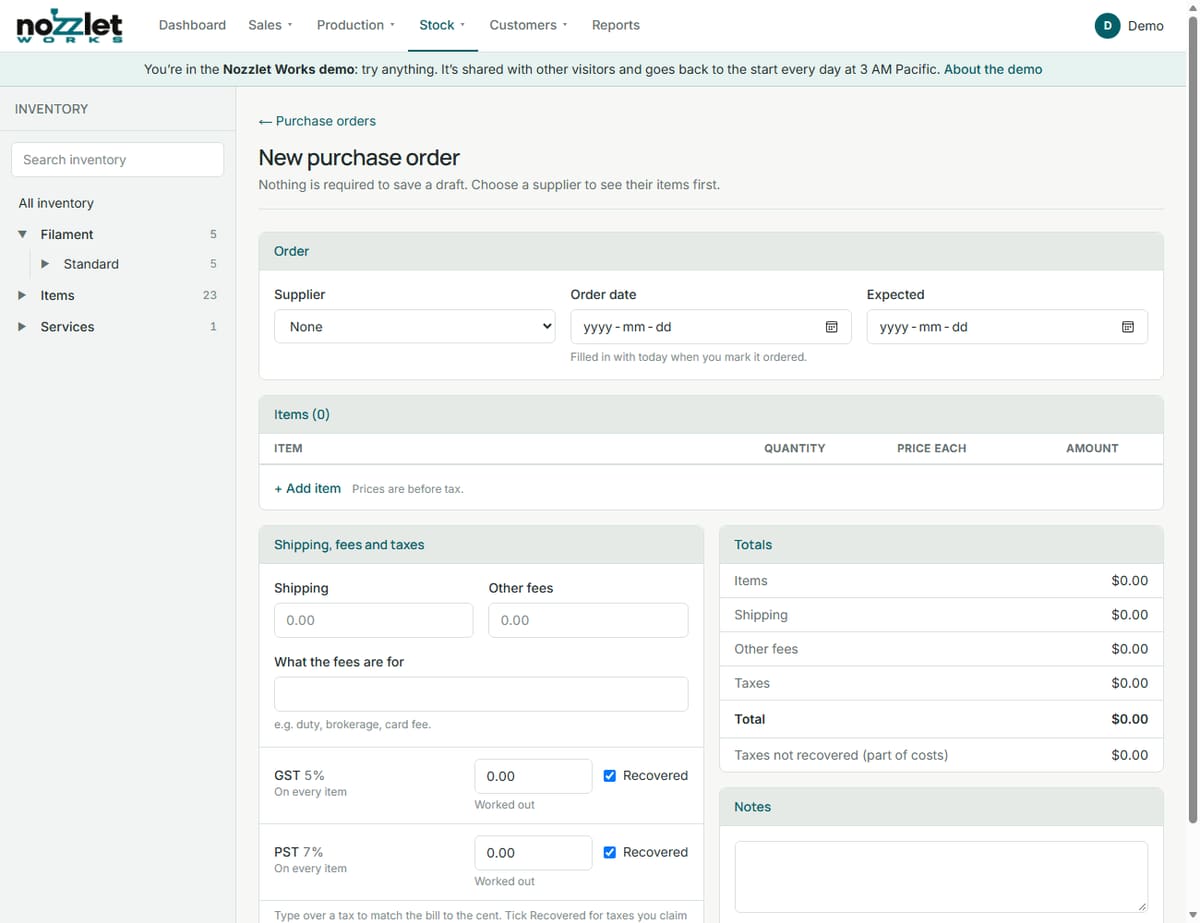 A new purchase order: supplier, items, shipping, fees and each tax, and the totals