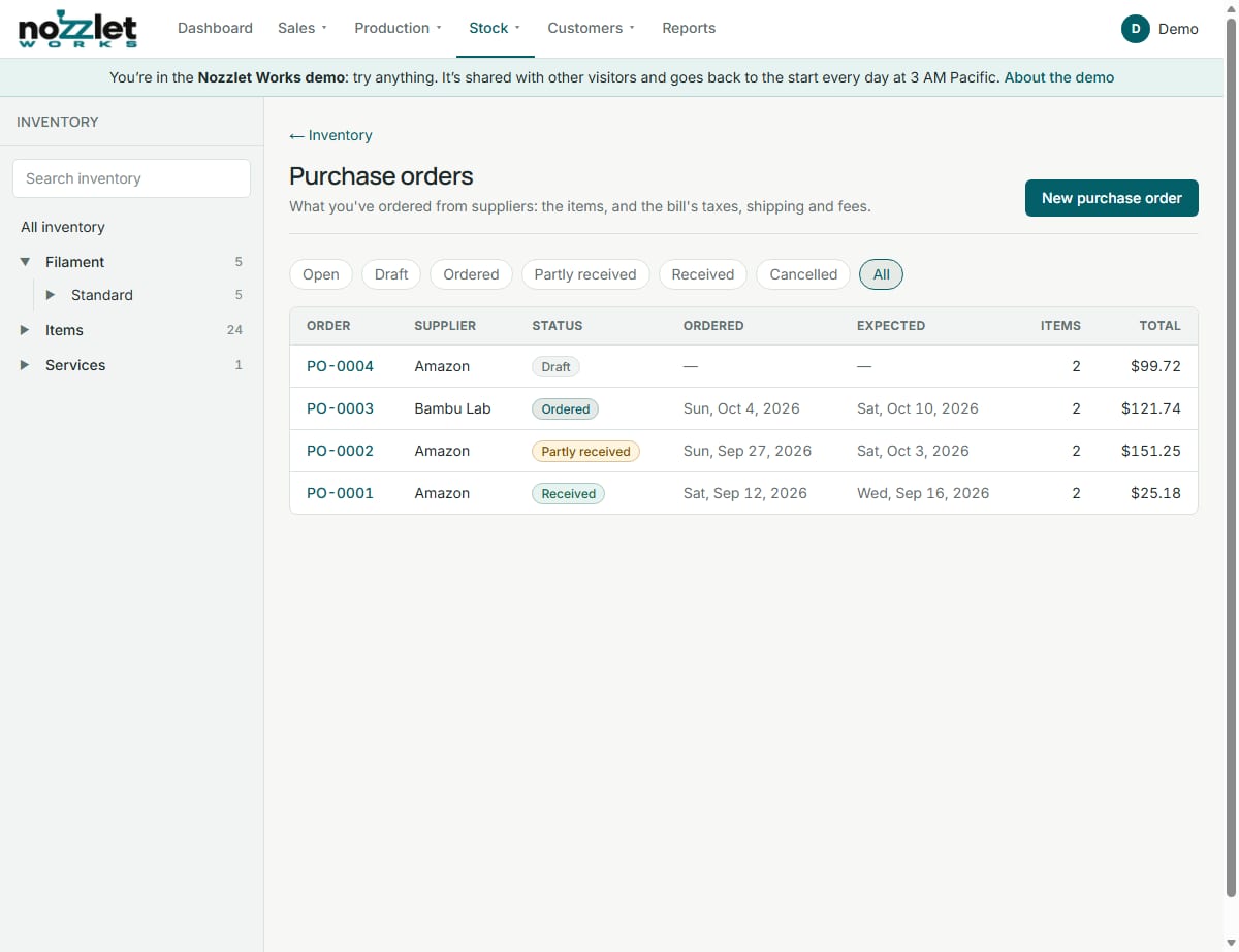 The purchase orders list: one received, one partly received, one ordered and a draft