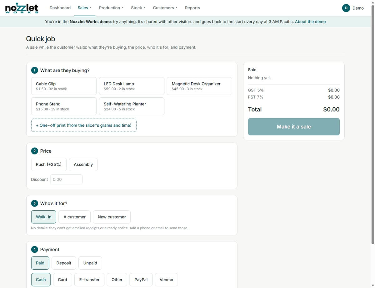 Quick job: what they're buying, the price, who it's for and payment, with the total on the right