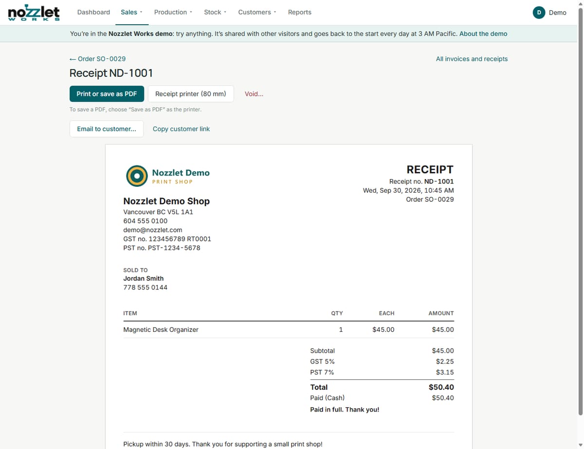 A receipt: your logo and details, tax numbers, the customer, the lines, taxes and payment