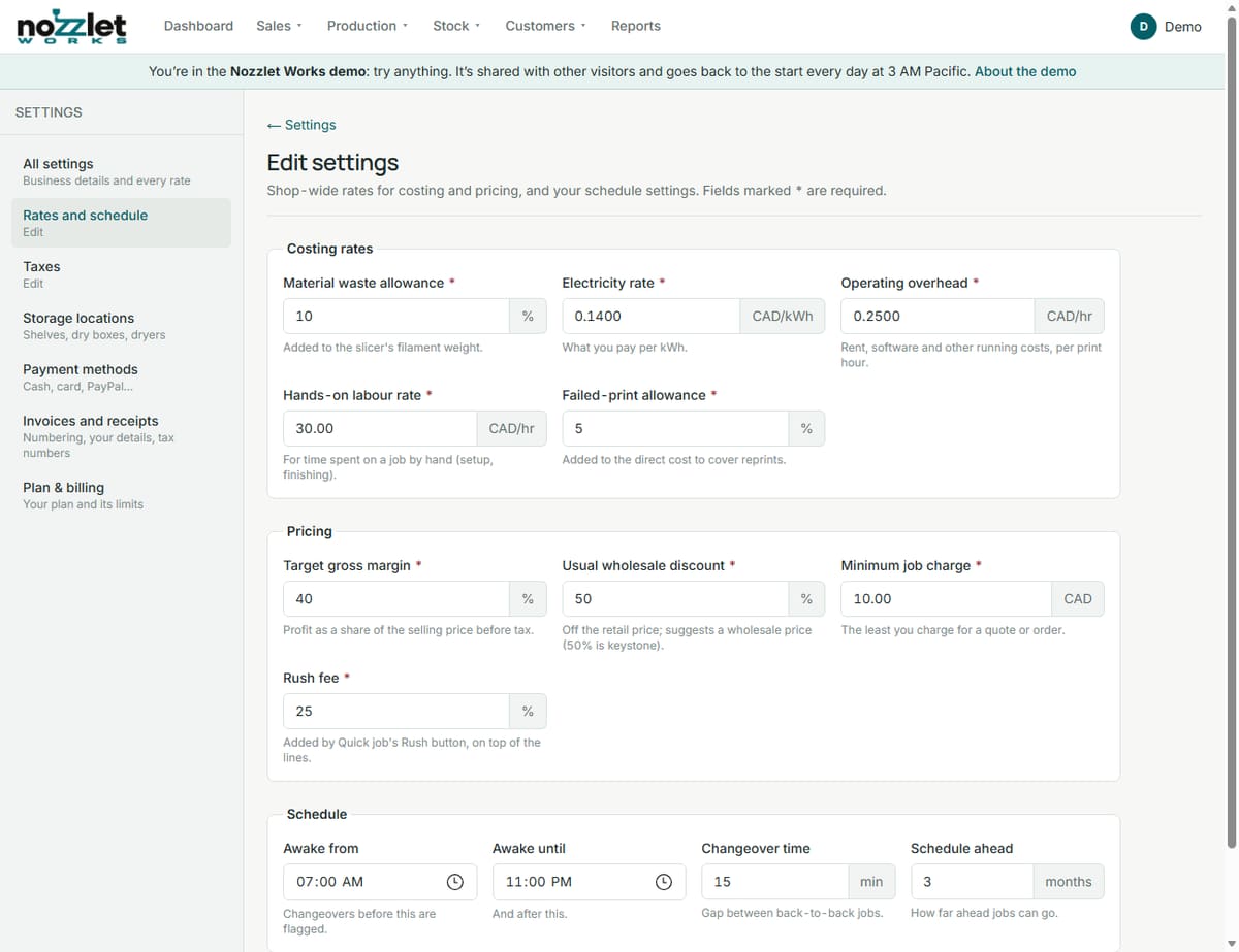 The Edit settings page in the Nozzlet Works demo shop, with the costing rates, pricing and schedule settings