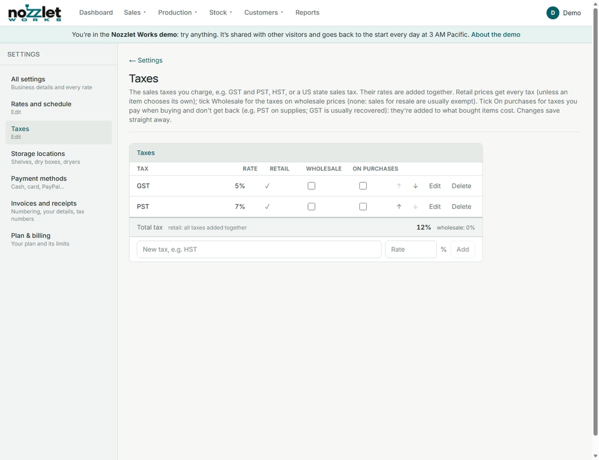 Settings › Taxes: GST and PST, with the Retail, Wholesale and On purchases columns